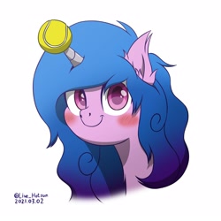 Size: 1600x1600 | Tagged: safe, artist:livehotsun, character:izzy moonbow, species:pony, species:unicorn, g5, blushing, bust, childproof horn, ear fluff, gradient hair, solo, tennis ball
