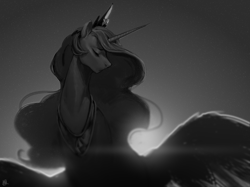 Size: 2000x1492 | Tagged: safe, artist:voyager, character:princess celestia, species:alicorn, species:pony, g4, backlighting, eyes closed, female, grayscale, mare, monochrome, solo, spread wings, wings