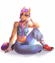 Size: 3286x3780 | Tagged: safe, artist:sukiskuki, character:sunny starscout, species:anthro, species:earth pony, g5, bag, braid, coat markings, ear fluff, hand on chin, sitting, smug, sneakers, socks (coat marking), solo, top, yoga pants