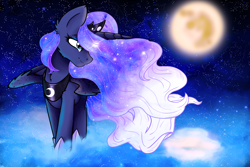 Size: 1800x1200 | Tagged: safe, artist:snowdeer97, character:princess luna, species:alicorn, species:pony, g4, alternate hairstyle, galaxy mane, moon, profile, solo, sparkles, stars