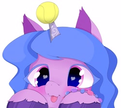 Size: 4096x3636 | Tagged: safe, artist:zokkili, character:izzy moonbow, species:pony, species:unicorn, g5, blep, bracelet, bust, childproof horn, female, gradient hair, horn, izzy's tennis ball, izzybetes, lurking, peeking, solo, tennis ball, that pony sure does love tennis balls, tongue out, unshorn fetlocks