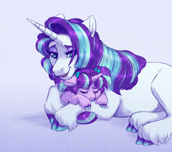 Size: 1280x1129 | Tagged: safe, artist:lopoddity, character:glory, character:starlight glimmer, species:pony, species:unicorn, pandoraverse, g1, g4, cute, duo, filly, filly starlight glimmer, g1betes, glimmerbetes, glorybetes, headcanon, hug, mother and daughter, young