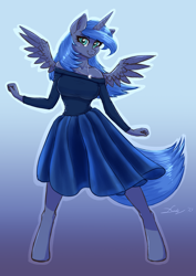 Size: 2480x3508 | Tagged: safe, artist:dandy, character:princess luna, species:alicorn, species:anthro, species:pony, species:unguligrade anthro, g4, blushing, busty princess luna, clothing, dancing, dress, female, horn, jewelry, looking at you, mare, necklace, pendant, s1 luna, skirt, smiling, solo, spread wings, tail, wings