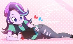Size: 1430x855 | Tagged: safe, artist:nendo, character:starlight glimmer, species:eqg human, g4, gaming, lying down, nintendo switch