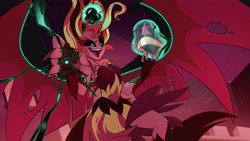 Size: 2000x1125 | Tagged: safe, artist:light262, character:sunset satan, character:sunset shimmer, species:eqg human, g4, my little pony:equestria girls, big crown thingy, demon, element of magic, glowing horn, magic, regalia, solo, sunset satan, telekinesis