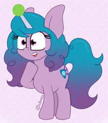 Size: 3000x3402 | Tagged: safe, artist:puperhamster, character:izzy moonbow, species:pony, species:unicorn, g5, big ears, childproof horn, cutie mark, gradient hair, hoof on chest, horn, raised hoof, solo, tennis match