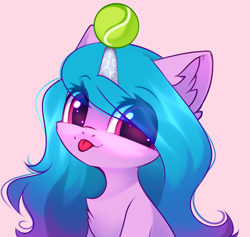 Size: 1082x1024 | Tagged: safe, artist:airiniblock, character:izzy moonbow, species:pony, species:unicorn, g5, blep, bust, chest fluff, childproof horn, ear fluff, gradient hair, horn, horn pattern, izzy's tennis ball, izzybetes, solo, tennis ball, that pony sure does love tennis balls, tongue out