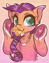 Size: 540x699 | Tagged: safe, artist:marselina-n19h, character:sunny starscout, species:earth pony, species:pony, g5, braid, bust, chest fluff, ear fluff, lollipop, mouth hold, necklace, nom, raised hoof, solo, underhoof
