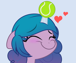 Size: 624x520 | Tagged: safe, artist:jhayarr23, character:izzy moonbow, species:pony, species:unicorn, g5, bust, childproof horn, gradient hair, heart, horn, izzy's tennis ball, solo, tennis ball, that pony sure does love tennis balls