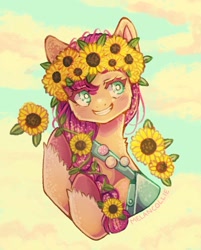 Size: 1097x1365 | Tagged: safe, artist:verymelancollie, character:sunny starscout, species:earth pony, species:pony, g5, badge, bag, blushing, braid, bust, flower in hair, solo, sunflower, sunnybetes, unshorn fetlocks, wreath