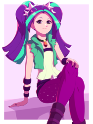 Size: 1200x1600 | Tagged: safe, artist:rockset, character:aria blaze, species:eqg human, g4, pigtails, sitting, twintails