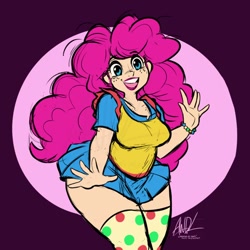 Size: 720x720 | Tagged: safe, artist:awdtwit, character:pinkie pie, species:human, clothing, humanized, polka dots, solo, thigh highs