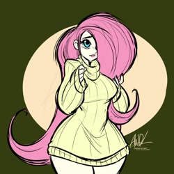 Size: 720x720 | Tagged: safe, artist:awdtwit, character:fluttershy, species:human, g5, clothing, humanized, solo, sweater