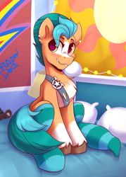 Size: 1250x1750 | Tagged: safe, artist:shadowreindeer, character:hitch trailblazer, species:earth pony, species:pony, g5, bandolier, bed, blaze (coat marking), blushing, chest fluff, clothing, coat markings, cute, earring, looking at you, poster, sitting, socks, socks (coat marking), solo, striped socks, unshorn fetlocks