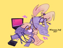 Size: 1408x1080 | Tagged: safe, artist:opossum_stuff, character:derpy hooves, species:pegasus, species:pony, g4, computer, cute, heart, laptop computer, paper, tangled up, tongue out, wires