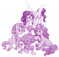 Size: 1280x1254 | Tagged: safe, artist:dstears, character:applejack, character:fluttershy, character:izzy moonbow, character:pinkie pie, character:pipp petals, character:rainbow dash, character:rarity, character:spike, character:sunny starscout, character:twilight sparkle, character:twilight sparkle (unicorn), species:dragon, species:earth pony, species:pegasus, species:pony, species:unicorn, ship:rarijack, g5, bracelet, golden oaks library, gradient hair, implied lesbian, implied rarijack, implied shipping, jewelry, kissing, mane seven, mane six, pipp wings, playing, shipper on deck, shipping, simple background, toy, white background
