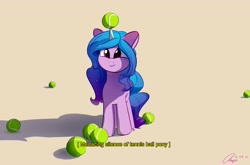 Size: 4096x2697 | Tagged: safe, artist:potto2292, character:izzy moonbow, species:pony, species:unicorn, g5, childproof horn, gradient hair, horn, izzy's tennis ball, shadow, solo, tennis ball, that pony sure does love tennis balls