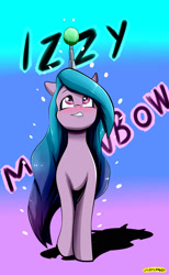 Size: 1280x2078 | Tagged: safe, artist:undercowboy, character:izzy moonbow, species:pony, species:unicorn, g5, blushing, childproof horn, gradient hair, horn, izzy's tennis ball, solo, tennis ball, text, that pony sure does love tennis balls