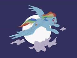Size: 4000x3000 | Tagged: safe, artist:galinn-arts, character:rainbow dash, species:pegasus, species:pony, g4, cloud, flying, happy, looking at you, moon, open mouth, solo, spread wings, windswept mane, wing fluff, wings