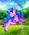 Size: 2286x2734 | Tagged: safe, character:izzy moonbow, species:pony, species:unicorn, g5, bracelet, bush, cloud, glowing horn, gradient hair, grass, izzy's tennis ball, jewelry, jumping, magic, magic aura, open mouth, sky, solo, telekinesis, tennis ball, tennis racket, that pony sure does love tennis balls, unshorn fetlocks