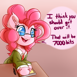 Size: 4000x4000 | Tagged: safe, artist:witchtaunter, character:pinkie pie, species:earth pony, species:pony, g4, clothing, colored pupils, dialogue, female, glasses, psychiatrist, smiling, solo, speech bubble, text, therapist