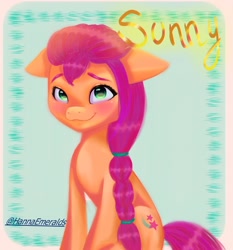 Size: 1956x2096 | Tagged: safe, artist:hannaemeralds, character:sunny starscout, species:earth pony, species:pony, g5, braid, cutie mark, sitting, solo