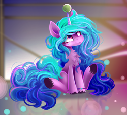 Size: 2200x2000 | Tagged: safe, artist:liquorice_sweet, character:izzy moonbow, species:pony, species:unicorn, g5, my little pony: a new generation, ball, blushing, bracelet, chest fluff, childproof horn, colored hooves, female, gradient hair, high res, hooves, horn, horn guard, hornball, izzy's tennis ball, izzybetes, jewelry, looking up, mare, multicolored hair, sitting, solo, tennis ball, that pony sure does love tennis balls, toy, underhoof, unshorn fetlocks