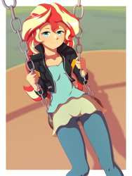 Size: 1200x1600 | Tagged: safe, artist:rockset, character:sunset shimmer, species:eqg human, g4, rainbow rocks outfit, solo, swing