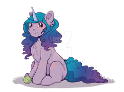Size: 1600x1181 | Tagged: safe, artist:dinosaphira99, character:izzy moonbow, species:pony, species:unicorn, g5, blank flank, chest fluff, cute, deviantart watermark, ear fluff, gradient hair, obtrusive watermark, simple background, sitting, solo, tennis ball, transparent background, watermark