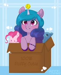 Size: 1601x1971 | Tagged: safe, artist:, character:izzy moonbow, species:pony, species:unicorn, g5, blushing, box, bracelet, bust, childproof horn, gradient hair, horn, izzy's tennis ball, izzybetes, jewelry, pony in a box, tennis ball, that pony sure does love tennis balls, unshorn fetlocks