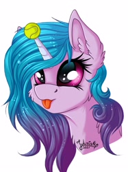 Size: 2800x3752 | Tagged: safe, artist:julunis14, character:izzy moonbow, species:pony, species:unicorn, g5, blep, bust, cheek fluff, childproof horn, ear fluff, gradient hair, horn, solo, tennis ball, tongue out
