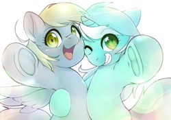 Size: 2048x1430 | Tagged: safe, artist:kurogewapony, character:derpy hooves, character:lyra heartstrings, species:pegasus, species:pony, species:unicorn, g4, alternate eye color, anime style, cute, female, hug, lens flare, looking at you, mare, pointing, simple background, smiling, white background, wrong eye color