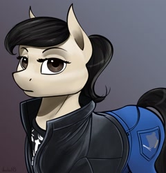 Size: 2161x2253 | Tagged: safe, artist:apocheck13, oc, oc only, oc:elya, species:earth pony, species:pony, g4, clothing, explicit source, female, jacket, jeans, leather jacket, looking at you, mare, pants, ponytail, shirt, solo, tail