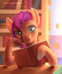 Size: 300x360 | Tagged: safe, artist:jessicanyuchi, character:sunny starscout, species:earth pony, species:pony, g5, book, braid, bust, hoof on cheek, reading, solo