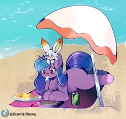 Size: 680x645 | Tagged: safe, artist:thatspacehorse, character:izzy moonbow, species:pony, species:unicorn, g5, beach, blank flank, crossover, gradient hair, lying down, nintendo, nintendo switch, outdoors, pokémon, solo