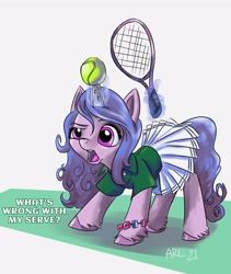 Size: 3300x3908 | Tagged: safe, artist:lytlethelemur, character:izzy moonbow, species:pony, species:unicorn, g5, bracelet, childproof horn, dialogue, glowing horn, gradient hair, izzy's tennis ball, magic, simple background, solo, sports outfit, telekinesis, tennis ball, tennis racket, text, that pony sure does love tennis balls, unshorn fetlocks, white background
