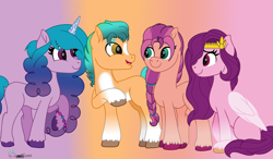 Size: 4350x2540 | Tagged: safe, artist:twinklesentrymlp0809, character:hitch trailblazer, character:izzy moonbow, character:pipp petals, character:sunny starscout, species:earth pony, species:pegasus, species:pony, species:unicorn, g5, blank flank, blaze (coat marking), braid, circlet, coat markings, cute, gradient hair, pipp wings, socks (coat marking), unshorn fetlocks