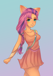 Size: 1226x1748 | Tagged: safe, artist:dzyxchan, character:sunny starscout, species:anthro, species:earth pony, species:pony, g5, bag, blushing, braid, cute, eyebrows, eyelashes, female, gray background, looking at you, mare, purse, simple background, solo, sundress, sunny's buttons, sunnybetes