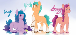 Size: 1280x600 | Tagged: safe, artist:sleepydemonmonster, character:hitch trailblazer, character:izzy moonbow, character:sunny starscout, species:earth pony, species:pony, species:unicorn, g5, blaze (coat marking), braid, female, gradient hair, looking at you, male, mare, raised hoof, reflection, sports, stallion, tennis, text, tongue out, unshorn fetlocks