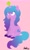 Size: 1817x3078 | Tagged: safe, artist:sailzvoilez, character:izzy moonbow, species:pony, species:unicorn, g5, blep, childproof horn, colored hooves, cute, cutie mark, female, gradient hair, hooves, izzybetes, lineless, mare, no pupils, pink background, signature, simple background, sitting, solo, tennis ball, tongue out, unshorn fetlocks