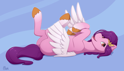 Size: 3502x2000 | Tagged: safe, artist:ailoy4, character:pipp petals, species:pegasus, species:pony, g5, adorapipp, blank flank, circlet, coat markings, cute, lying down, pipp wings, silly pony, socks (coat marking), unshorn fetlocks
