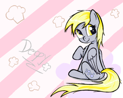 Size: 1176x936 | Tagged: safe, artist:sallycars, character:derpy hooves, species:pegasus, species:pony, g4, abstract background, derpy day, folded wings, muffin, raised hoof, sitting, solo, text