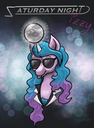Size: 662x900 | Tagged: safe, character:izzy moonbow, species:pony, species:unicorn, g5, blep, bust, childproof horn, disco ball, gradient hair, horn, saturday night fever, solo, sunglasses, tongue out