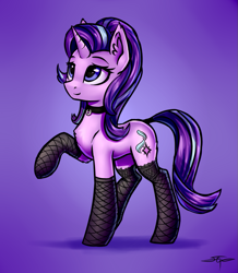 Size: 817x935 | Tagged: safe, artist:setharu, manebooru spotlight, character:starlight glimmer, species:pony, species:unicorn, g4, choker, clothing, collar, cute, female, fishnets, glimmerbetes, jewelry, mare, necklace, pet glimmer, raised hoof, simple background, smiling, socks, solo, stockings, tail, tail wrap, thigh highs