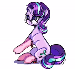 Size: 2700x2500 | Tagged: safe, artist:lizarda, character:starlight glimmer, species:pony, species:unicorn, g4, clothing, colored pupils, cute, female, floppy ears, glasses, glimmerbetes, mare, simple background, sitting, socks, solo, white background