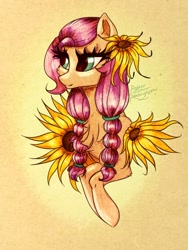 Size: 510x680 | Tagged: safe, artist:dust1_sapphire, character:sunny starscout, species:earth pony, species:pony, g5, braid, bust, flower, flower in hair, pigtails, solo, sunflower