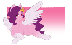 Size: 2560x1600 | Tagged: safe, artist:sensationalsoul, character:pipp petals, species:pegasus, species:pony, g5, adorapipp, circlet, coat markings, colored eyebrows, cute, eyebrows, female, gradient background, headband, lidded eyes, looking at you, lying down, mare, pipp wings, red eyes, red-eyed pipp, simple background, smiling, socks (coat marking), solo, spread wings, three quarter view, wings