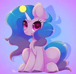 Size: 680x661 | Tagged: safe, artist:darkmaxxie, character:izzy moonbow, species:pony, species:unicorn, g5, childproof horn, gradient hair, horn, izzybetes, sitting, solo, tennis ball, unshorn fetlocks