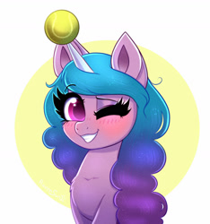 Size: 1600x1711 | Tagged: safe, artist:confetticakez, character:izzy moonbow, species:pony, species:unicorn, g5, abstract background, ball, blushing, childproof horn, gradient hair, horn, izzybetes, looking at you, one eye closed, smiling, solo, tennis ball, three quarter view, toy, wink