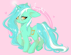 Size: 1280x996 | Tagged: safe, artist:amywhandicy, character:lyra heartstrings, species:pony, species:unicorn, g4, female, floppy ears, glowing horn, heart, horn, long mane, looking at you, magic, mare, pink background, signature, simple background, smiling, solo